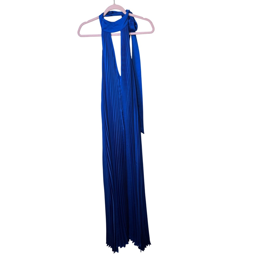 yllw Royal Blue Pleated Halter Maxi Dress Bow Neck Open Back Evening Gown NEW